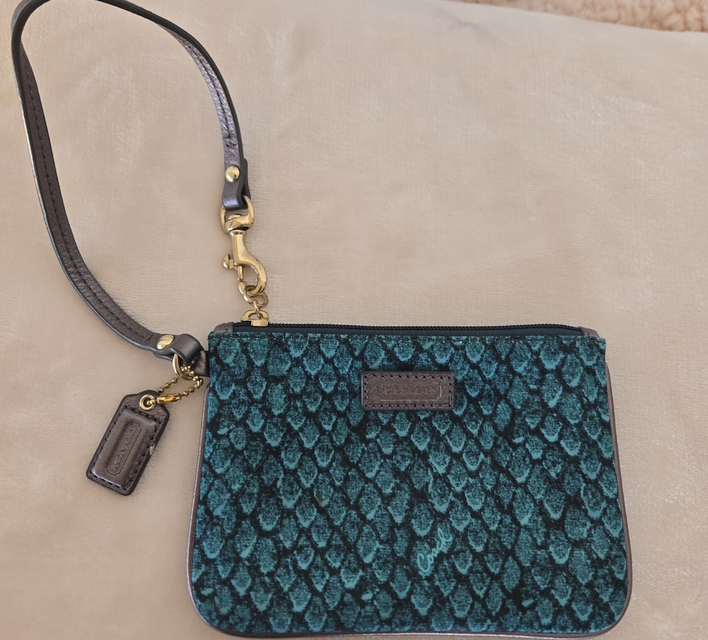 Coach Teal Snake Print Nylon Taylor Top Wristlet